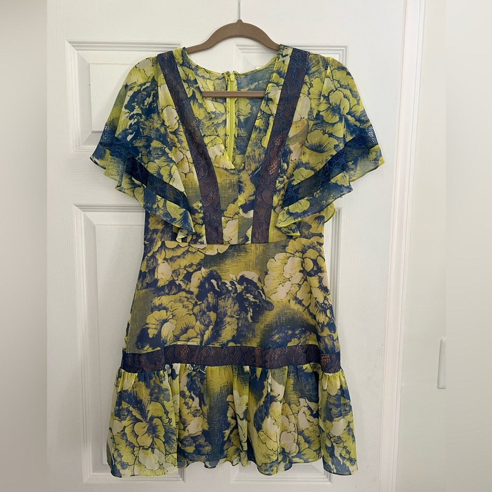 BCBG Vibrant Floral Mini Dress - Navy and Lime